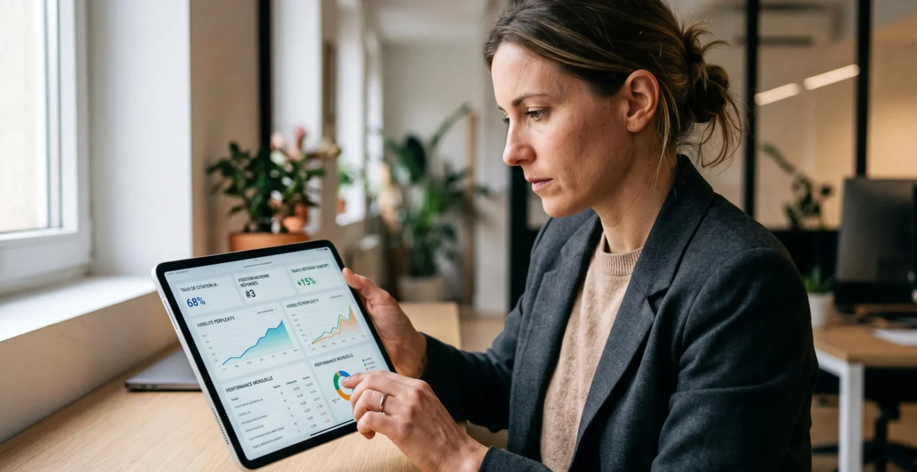 Consultant GEO analysant un tableau de bord de performance sur tablette avec métriques de visibilité dans les IA conversationnelles
