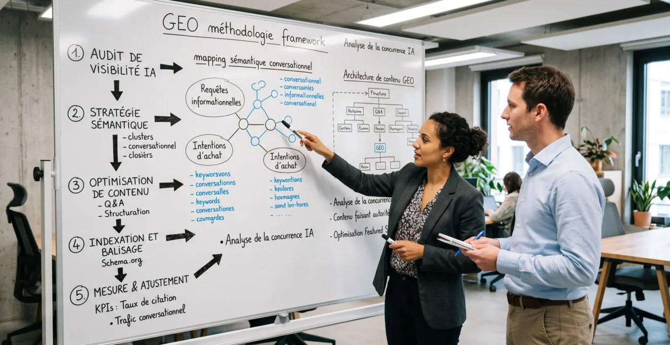 Deux consultants en marketing digital élaborant une stratégie GEO devant un tableau blanc rempli de diagrammes et annotations en français