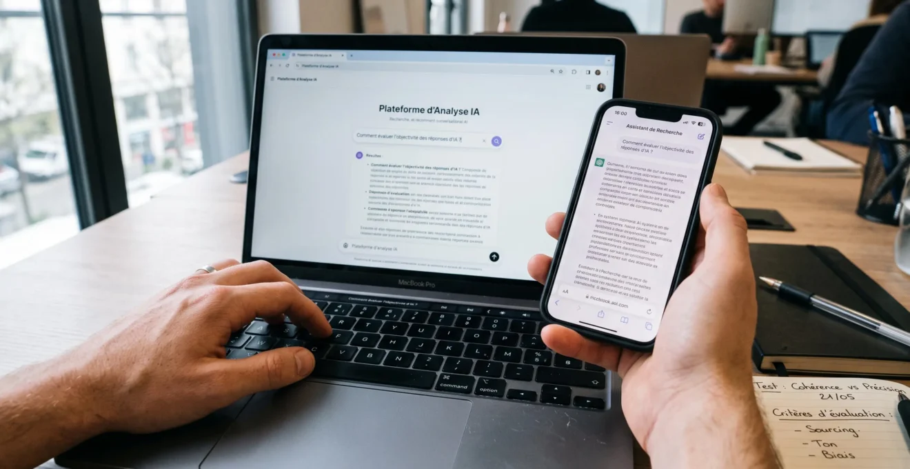 Mains d'un professionnel testant simultanément des requêtes sur ordinateur portable et smartphone pour comparer les réponses IA